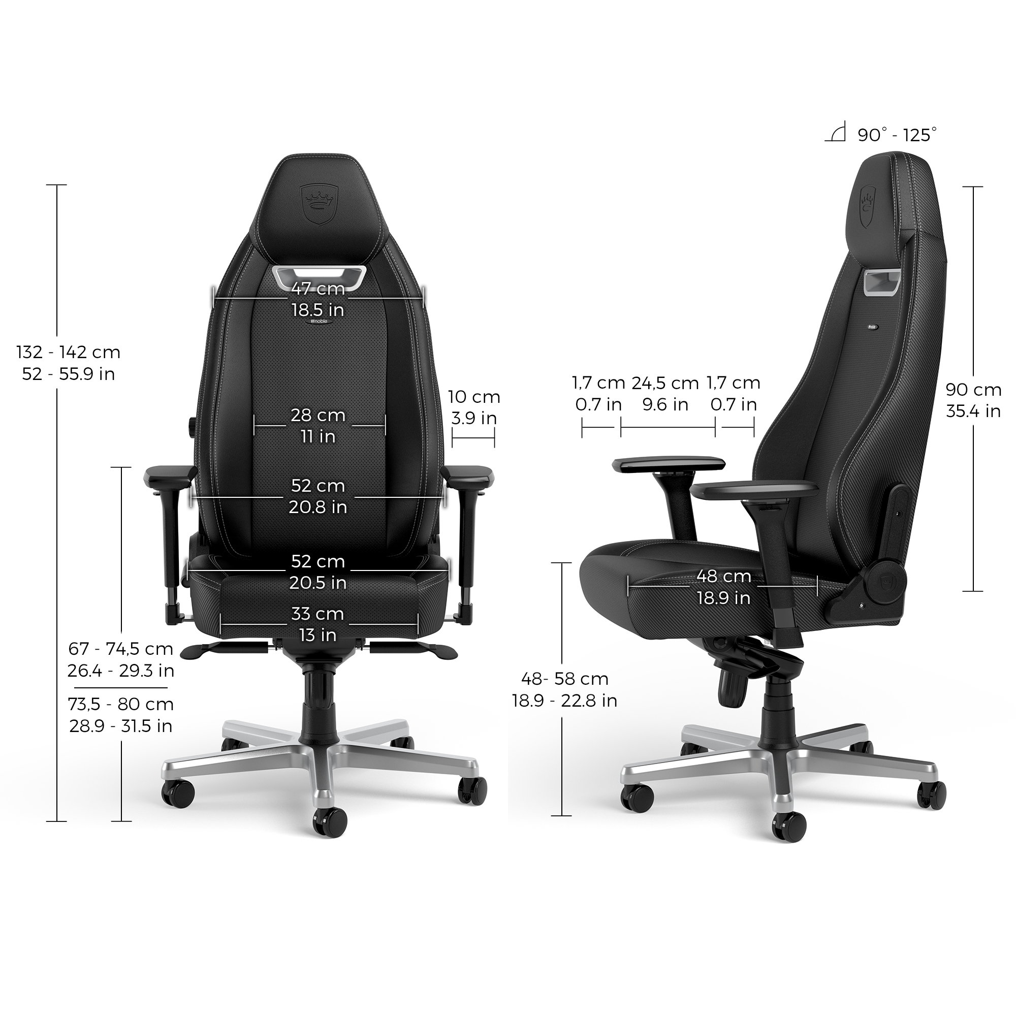 noblechairs LEGEND Silver Edition noblechairs LEGEND Silver Edition with dimensions