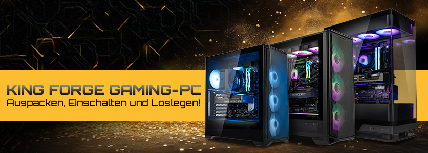 KingForge Gaming PC Banner mit Text: Auspacken, Einschalten und Loslegen!
