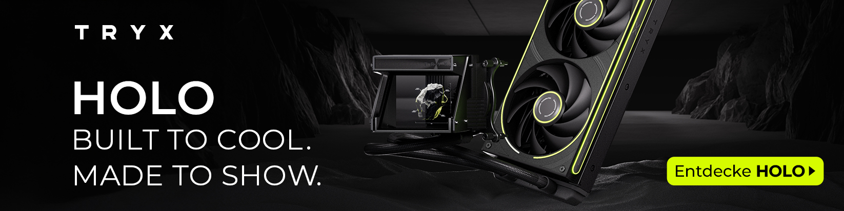 TRYX HOLO AiO Banner TRYX HOLO AiO Banner with black background and All in One water coolers